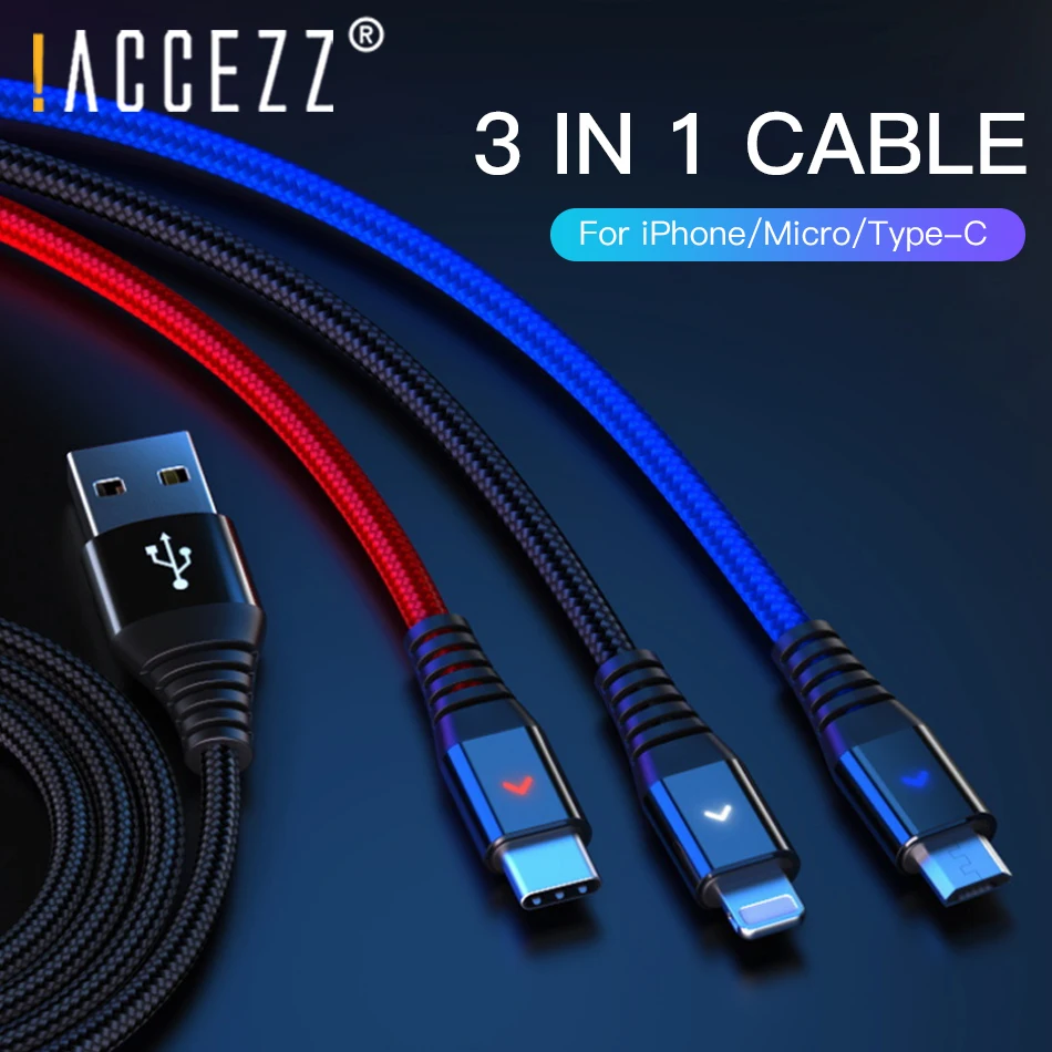 

!ACCEZZ 3 in 1 USB Cable 2.4A Charging Cable For iPhone 7 8 Plus X XS XR Micro USB Type-C For Samsung S8 Android Phone Data Cord