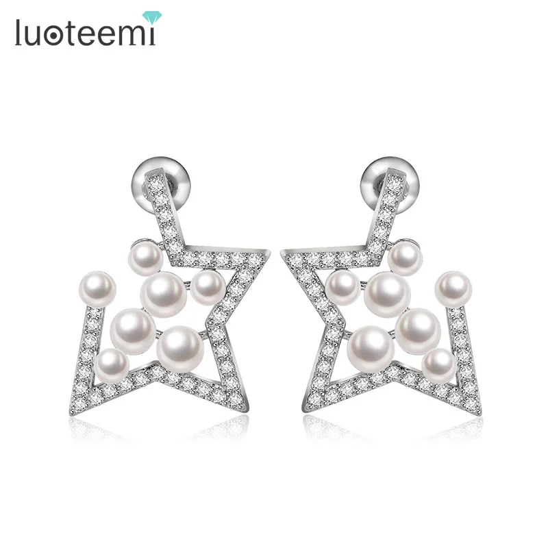 

LUOTEEMI 1 Pair Fashion Lady Cheap Cubic Zirconia White Imitation Pearl Star Pierced Ear Stud Earrings For Women Wedding Bridal