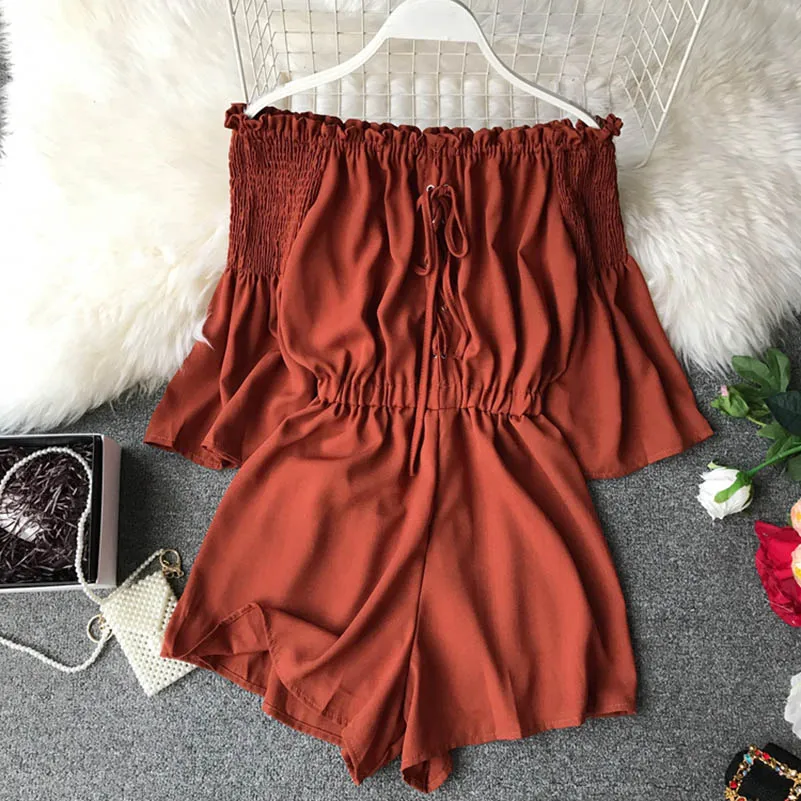 

NiceMix Fashion Lace Up Off Shoulder Jumpsuit Casual Sexy Women Flare Sleeve Short Summer Solid Slash Neck Playsuit Beach Holida