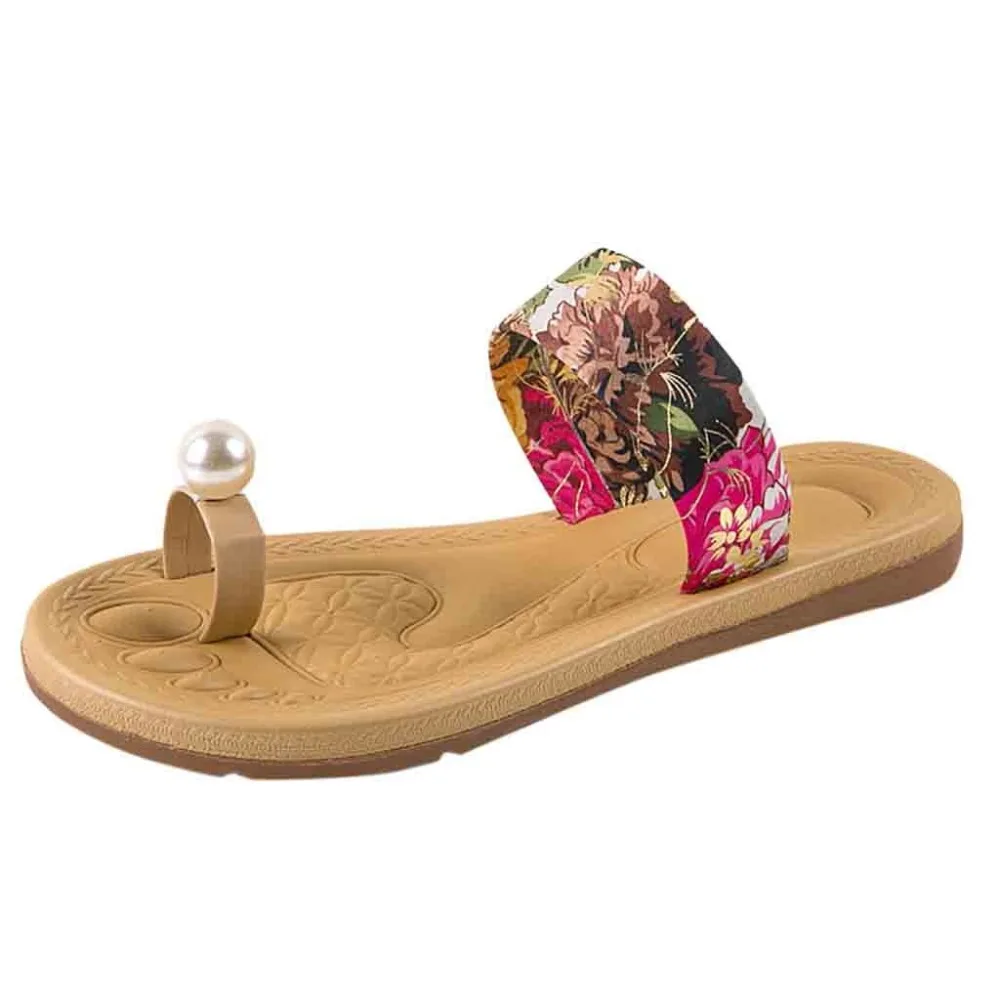 

Summer Women's Non-Slip Silk Solid fenty beauty Flat Beach Slippers Pearl Sandals Toe Slippersstring bead buty damskie E0218