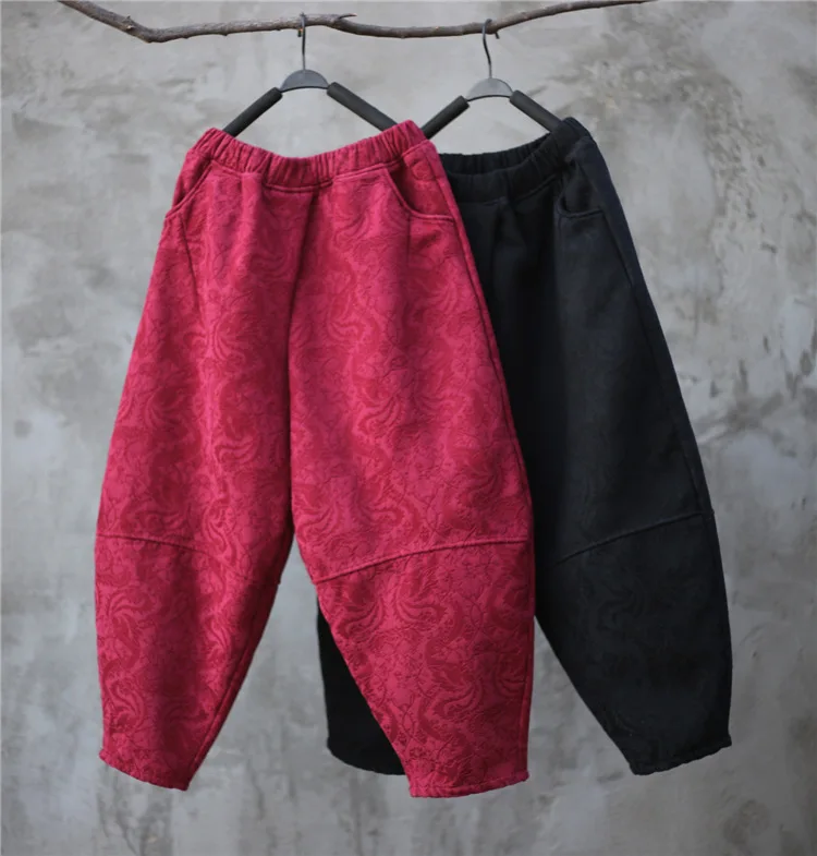 

2018 New women cotton bootcuts Tenths pants jacquard with velvet warm winter cotton-padded trousers retro female bottom