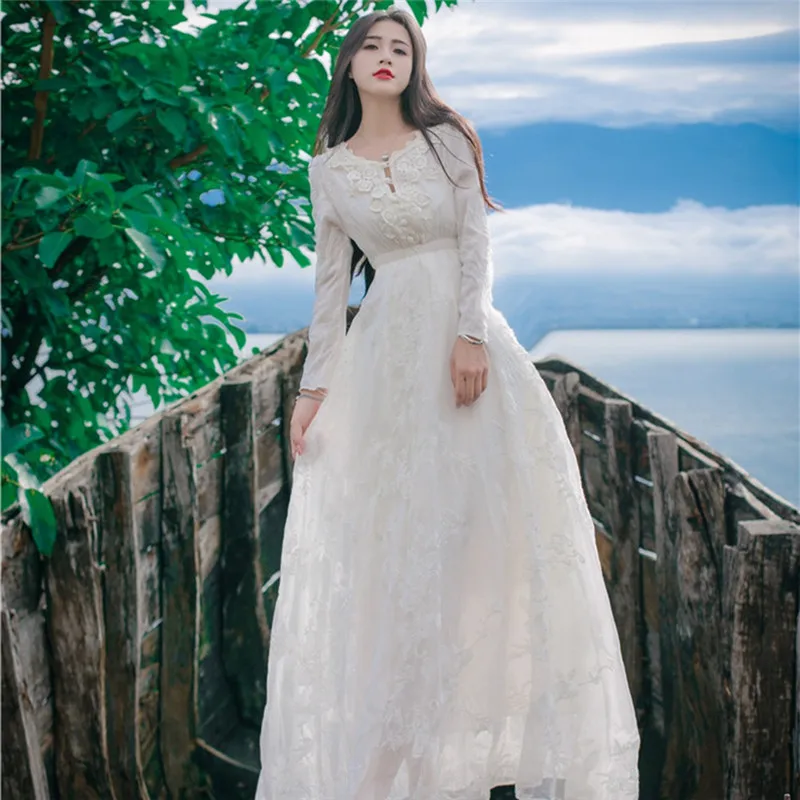 Винтажное женское весенне-осеннее роскошное вышитое трикотажное кружевное платье с крючками и цветами, праздничное сказочное белое платье, макси Вечерние платья