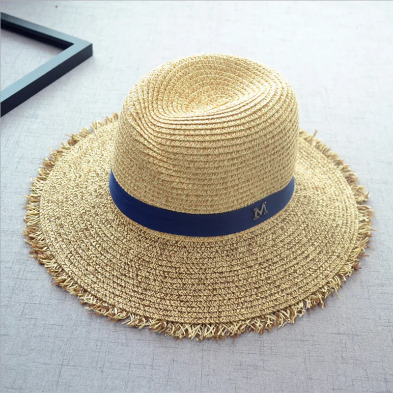 Panama Straw Hat Summer M Letter Hats For Women Sun Shade Tourism Boater Hat Wide Brim Burr Raffia Chapeau