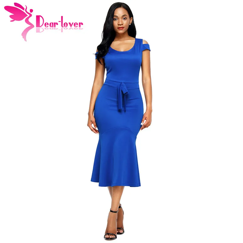 

Dear Lover Dresses Women Work Wear Royal Blue Cold Shoulder Bow Detail Short Sleeve Mermaid Dress Vestidos casual verano LC61686