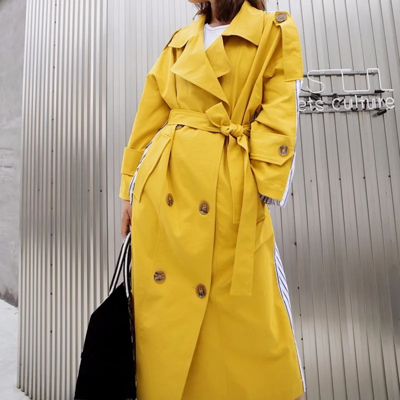 Новое модное длинное пальто свободного кроя с отложным воротником, в полоску, в стиле пэчворк, с поясом, ветровка RE2448