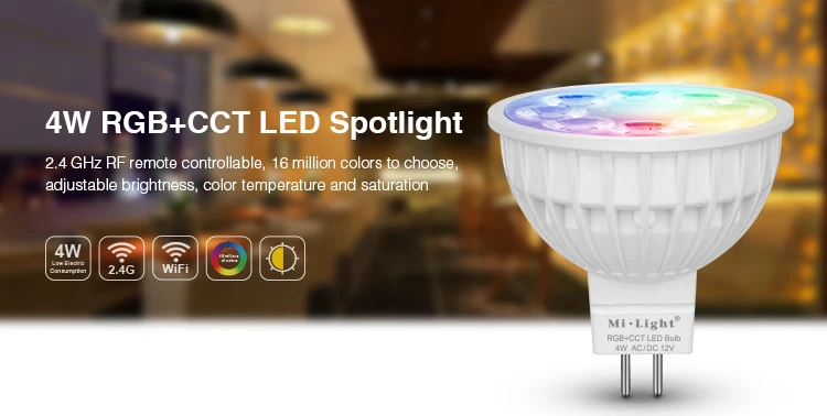 

AC86~265V Mi Light MR16 4W RGB+CCT LED Spotlight Bulb Intelligent lighting Wireless WiFi Smart Phone Control 2.4GHz RF Remote