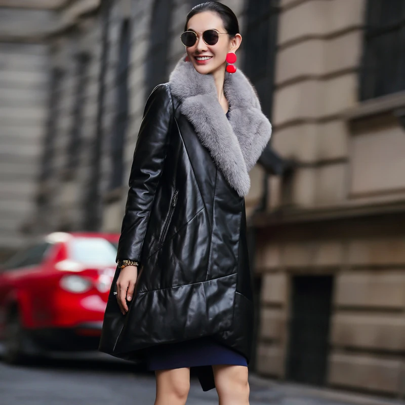 Женская куртка из натуральной кожи, пальто из натуральной овчины, зимний теплый пуховик с воротником из натурального Лисьего меха, верхняя одежда, Manteau Femme Okb419 - Цвет: black