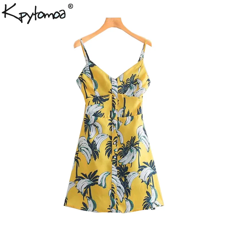 

Vintage Stylish Banana Print Mini Strap Dress Women 2019 Fashion Backless Bow Tie Summer Beach Dresses Casual Vestidos Mujer