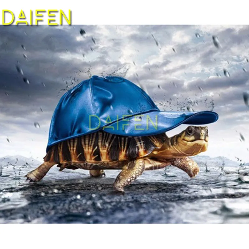 

Full Round Diamond painting Cross stitch 5D DIY Diamond embroidery Full Square Diamond mosaic tortoise under blue hat raining