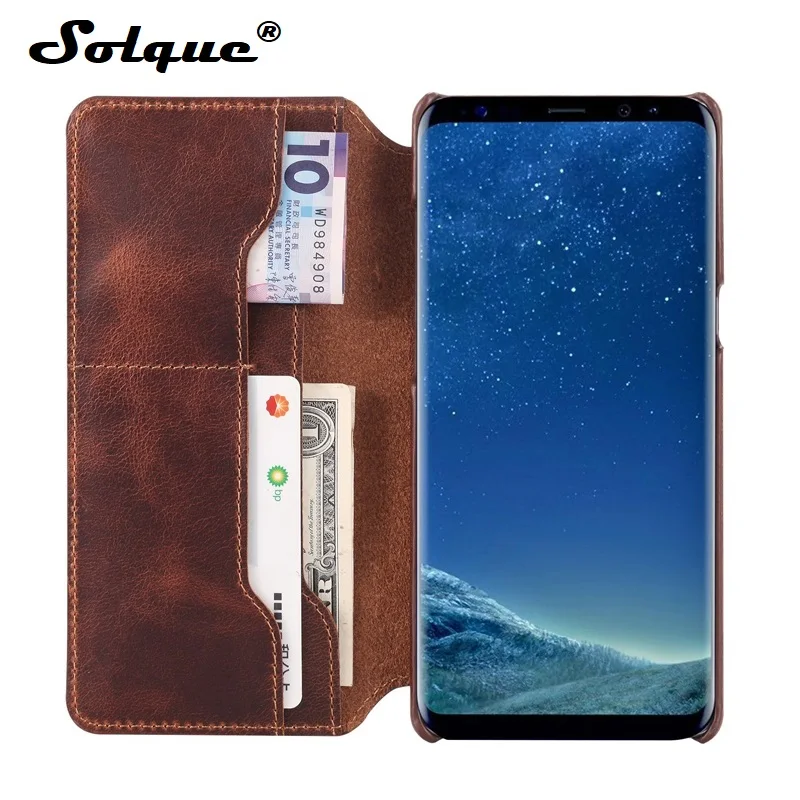 Solque Real Genuine Leather Flip Cover Case For Samsung Galaxy S9 Plus S 9 Cell Phone Luxury Retro Leather Card Wallet Cases