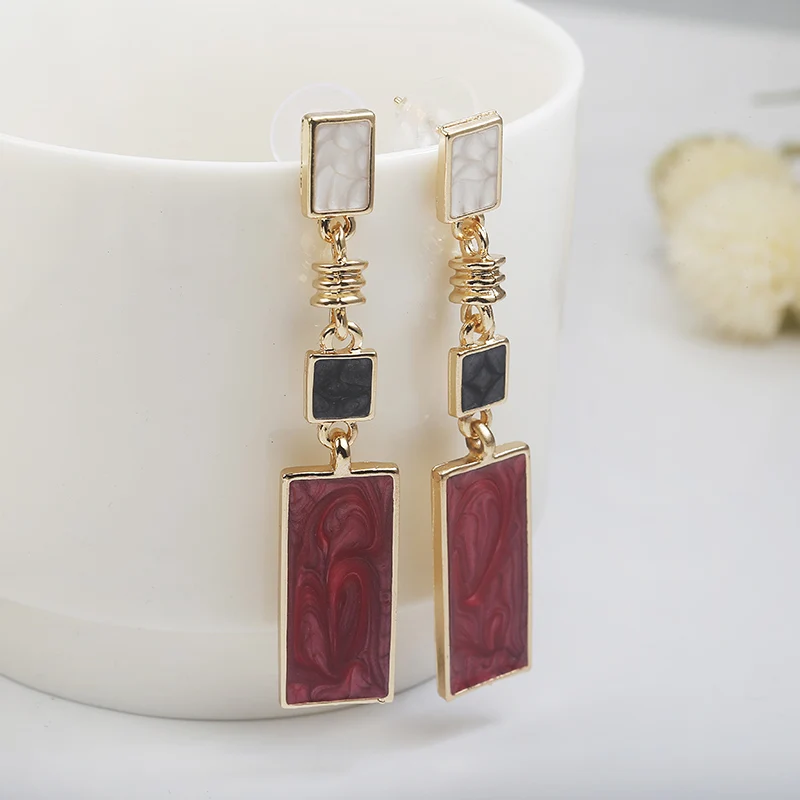 Korean Style Simple Design Earrings For Women Girls Red Stone Dangle Earrings Geometric Earrings Trendy Temperament Pendientes