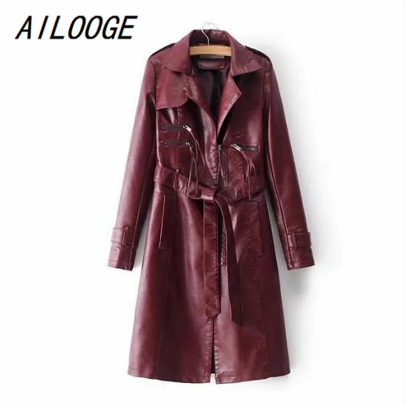 AILOOGE, новинка, модный стиль, с отворотом, с поясом, с длинным рукавом, кожаное пальто на молнии, из искусственной кожи, женское длинное пальто, черный, розовый