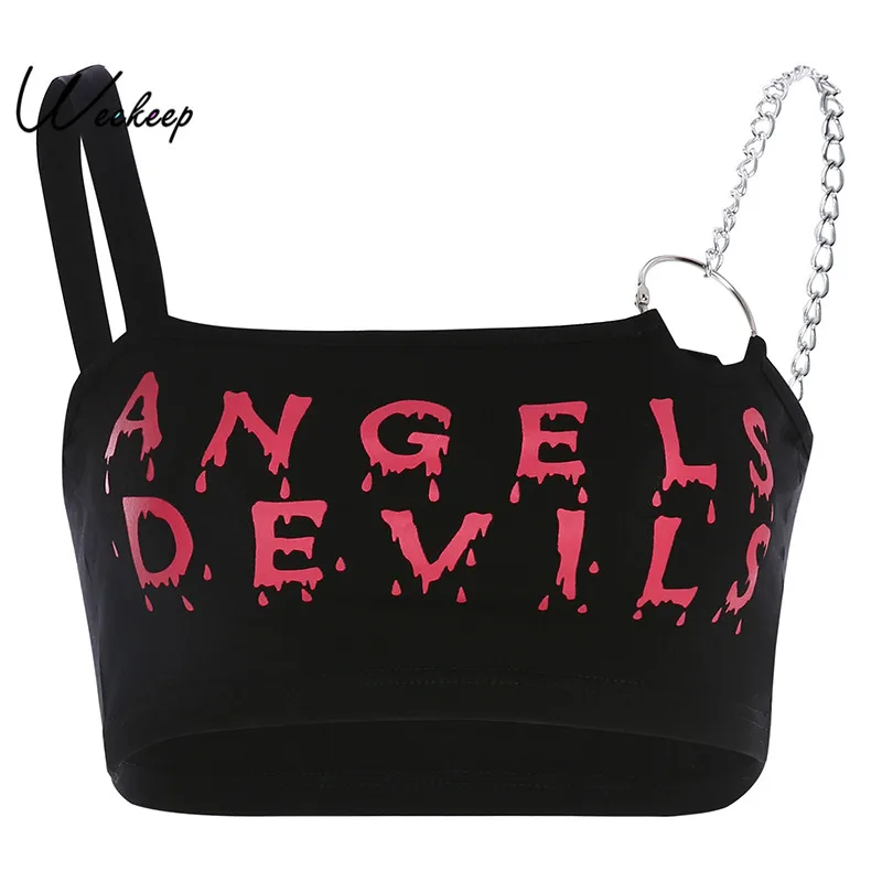 

Weekeep Letter Print Metal Chain Tank Top Women Cropped Black Streetwear Crop Top 2019 Summer Sexy Crop Tops