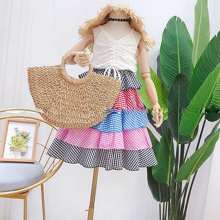 

6396 Rainbow Plaid Print 2019 New Summer New Kid Baby Girl Clothing Set : T-shirt Vest Tops + Skirt Wholesale Baby Girls Clothes
