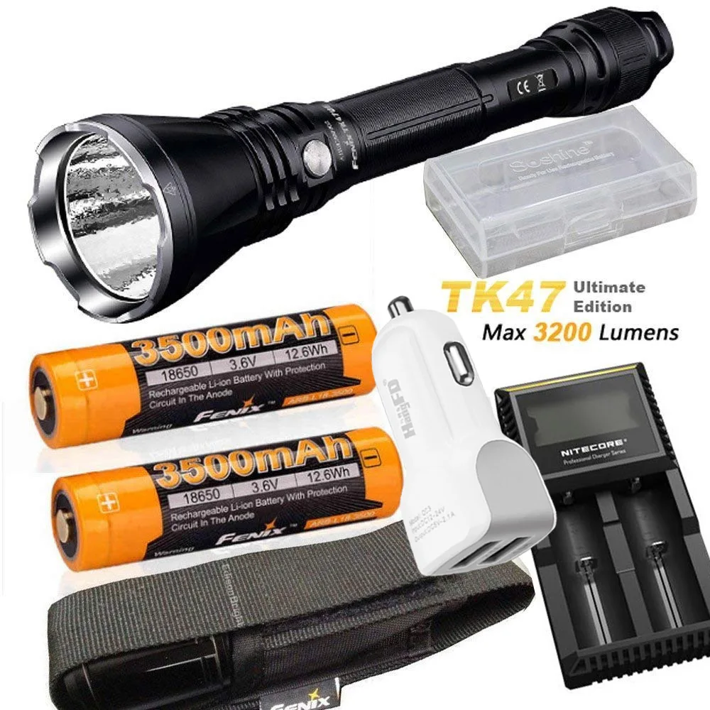 

Fenix TK47UE (TK47) Ultimate Edition 3200 Lumen LED Tactical Flashlight with ARB-L18-3500 battery, D2 charger, car charger