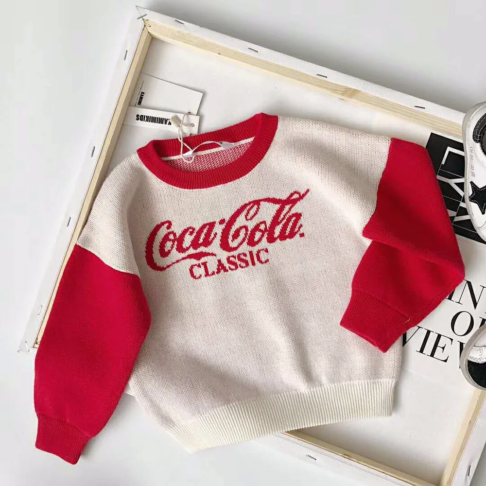 

2019 Autumn New Korean Fashion Causal Boys and Girls Cola Theme Interesting Jacquard Contrast Color Wool Knitted Sweaters