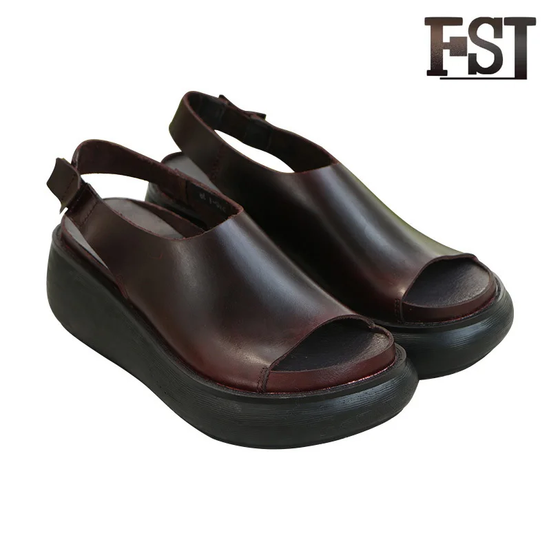 Casual Base Marrone Scarpe Sandali Fsj Anteriore Cinghiale Della Hook Matura Pelle Open Mucca Zeppe Genuino Scuro Delle Posteriore In Fsj01 Loop Donne Strap Di qXfvpwHX