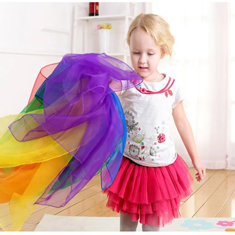 6 pcs/pack multi couleur enfants jeu écharpe jouets/enfants bébé grande taille foulard en soie pour maternelle art artisanat jeu jouets, livraison gratuite