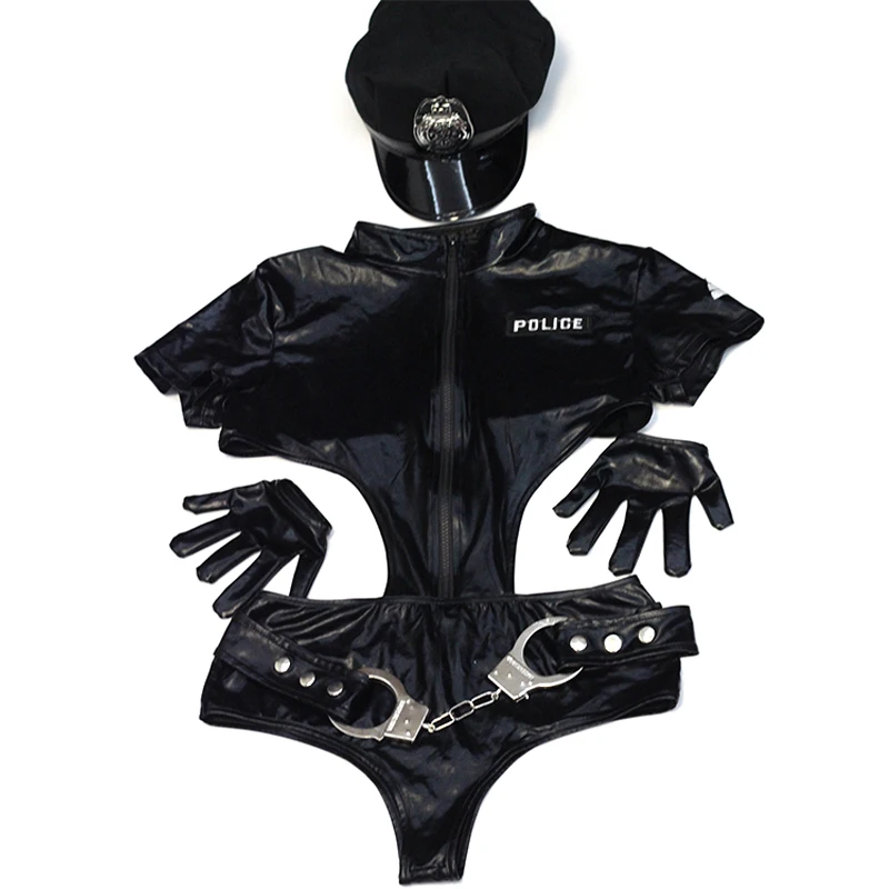 Сексуальный костюм из искусственной кожи для косплея, костюм полицейского с коротким рукавом и вырезом на спине, костюм полицейского на Хэллоуин, костюм полицейского для ролевых игр
