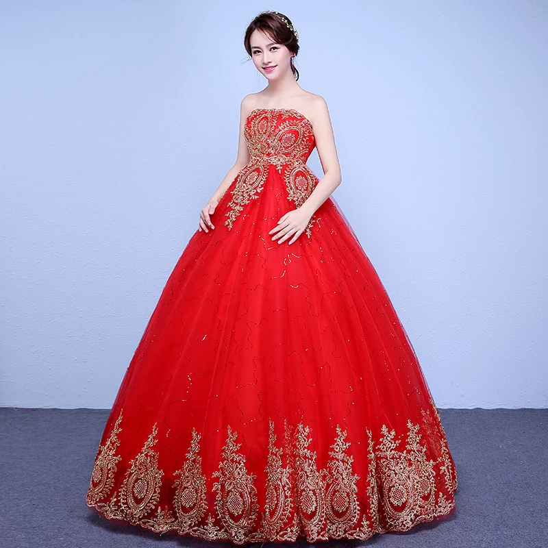 Это Yiya свадебное платье расшитая золотым кружевом Красные Свадебные платья без бретелек Плюс Размер Vestido de novia XXN174