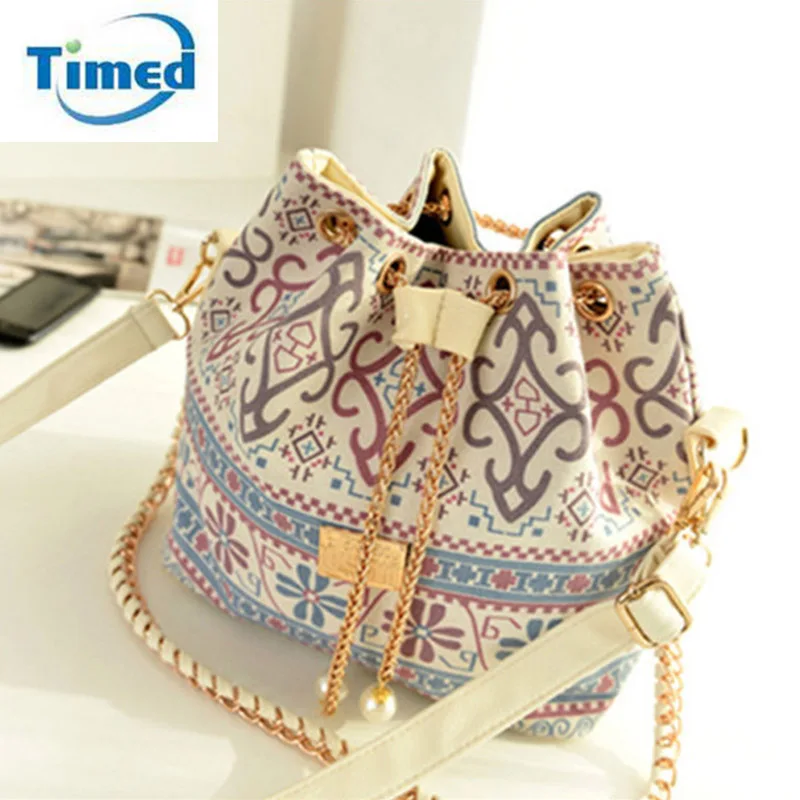 Bohemia Canvas Drawstring Lady Bucket Bag 2016 New Chains Shoulder Handbags Women's Vintage Messenger Bags Bolsa Feminina Bolsos