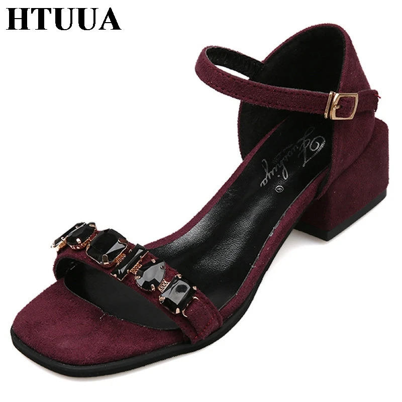 

HTUUA 2019 Summer Shoes Women Sandals Fashion Crystal Buckle Ankle Strap Square Chunky Heels Sandals Open Toe Party Pump SX2298