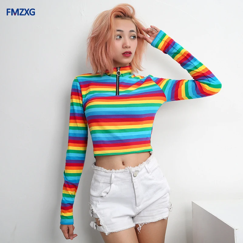 

Slim Waist Cropped T-shirt Women Rainbow Print 2018 Autumn Sexy Navel Bare Zipper Turtleneck Casual Long Sleeve t-shirt Crop Top