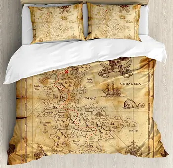 

Island Map Duvet Cover Set Super Detailed Treasure Map Grungy Rustic Pirates Gold Secret Sea History Theme 4 Piece Bedding Set