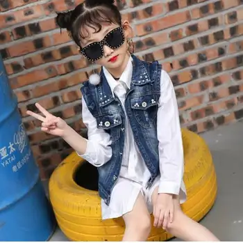 

Girls Denim Kids Cowboy Vest Waistcoat Sleeveless Jean Jackets For Kids Children Outerwear Girls Vest Denim pearl Coat 2-9years