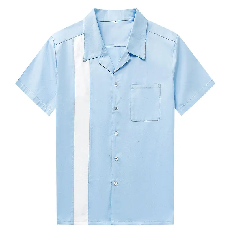 Мужская Повседневная блуза на пуговицах, синяя, белая рубашка в Вертикальную Полоску, мужская рубашка с коротким рукавом, Ретро стиль, Hombre Bowling - Цвет: Небесно-голубой
