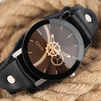 

KEVIN Gearwheel Design Pointer Men Wrist Watch Punk Style Leather Band Creative Watches Black/Brown Color Man Clock Gifts Male