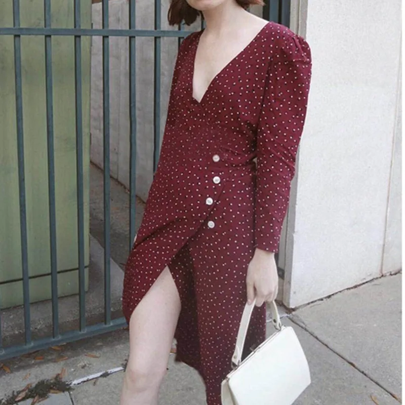 

Women Polka Dot Print Wrist Sleeve V Neck Waist Buttons Viscose Elegant Slim Retro Long Wrap Dress Wine Red/Green