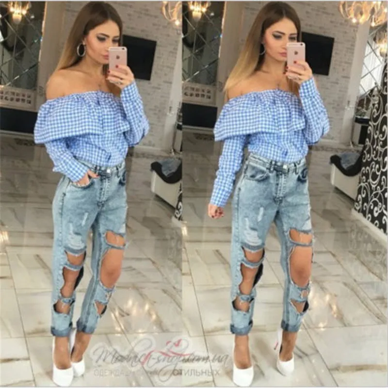 

2017 Summer Women Plaid Shirt Sexy Off the Shoulder Top Cotton Long Sleeve Female Blouse Top Blusas