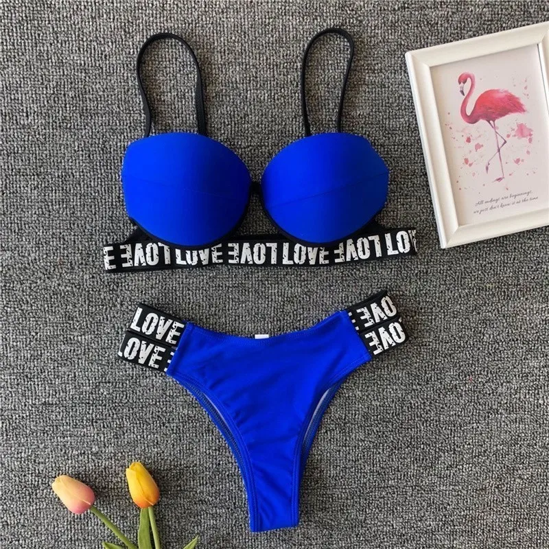 Спортивный сексуальный бандаж, Бразильское бикини, пуш-ап, купальник для женщин, купальный костюм для женщин, женский купальник с надписью Love, купальный костюм, Новинка - Цвет: 08C272 blue