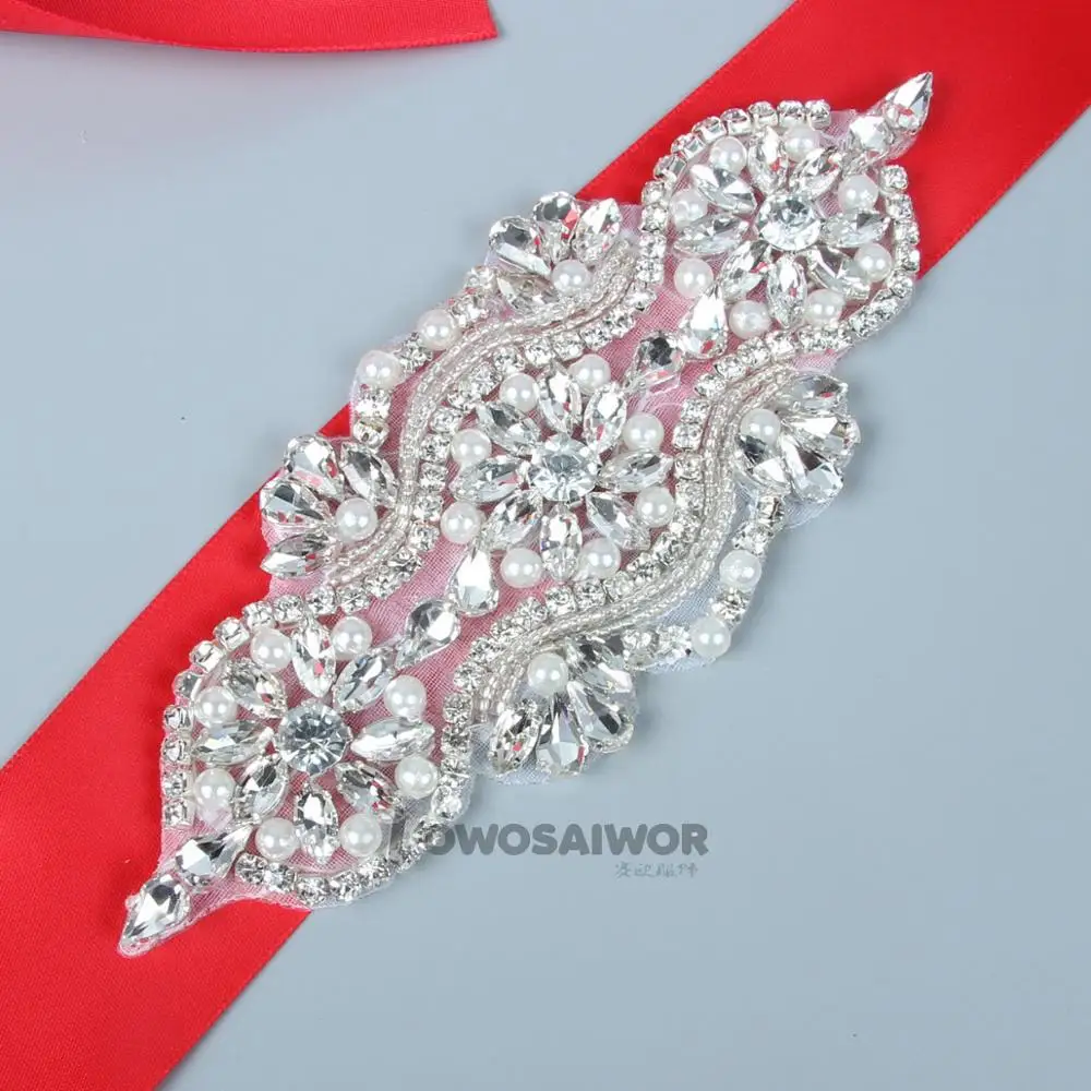 

Red Color Stain Ribbon Unique Design Shiny Pearl Wedding Dress Belt Crystal Rhinestone Wedding Sash