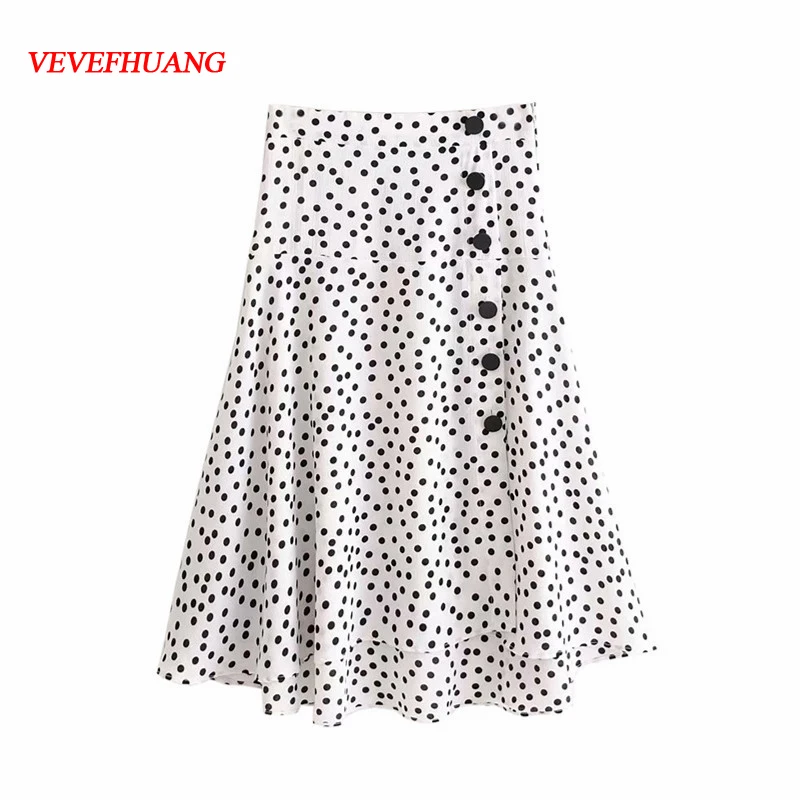 Женские летние милые юбки, белая плиссированная юбка в горошек с пуговицами, Повседневная свежая Простая одежда, женские блузы, женские вечерние юбки