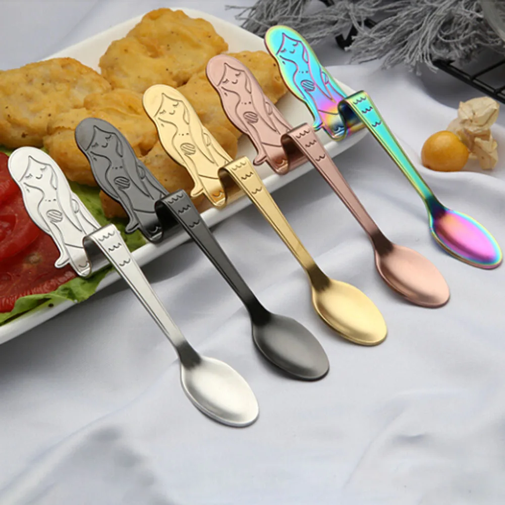 1x Stainless Steel Rainbow Color Mermaid Long Handle Tea Spoon Kitchen-Scoop
