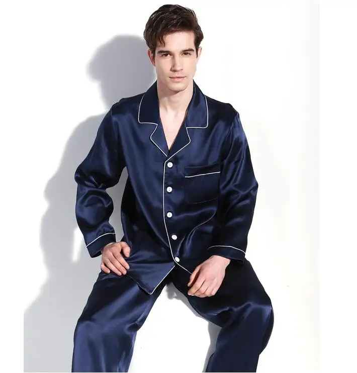 Хорошее качество 100% чистого шелка для мужчин пижамный комплект пижамы Ночная рубашка L, XL 2XL YM009