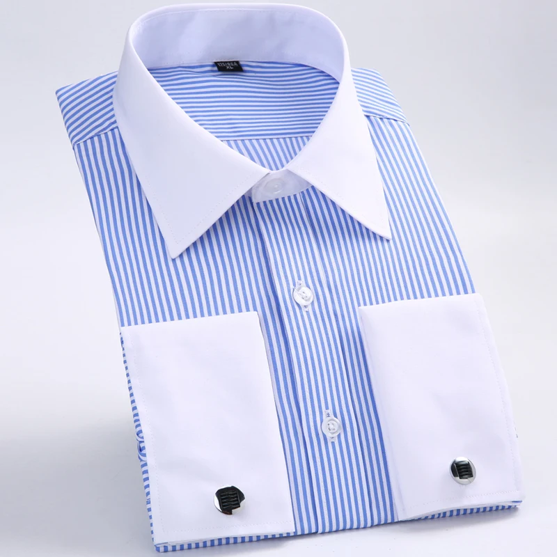 

Loose large size men's French cufflinks shirt Long sleeve flannel business casual shirt camisa masculina striped solid 6XL 5XL