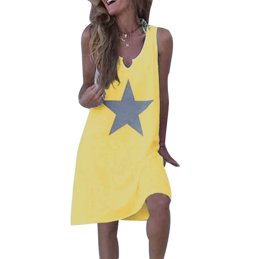 

Plus Size Fashion Summer Women's Sleeveless V-neck Stars Printed Dress Pure Cotton Loose Bohemian Beach Casual Holiday Sundress