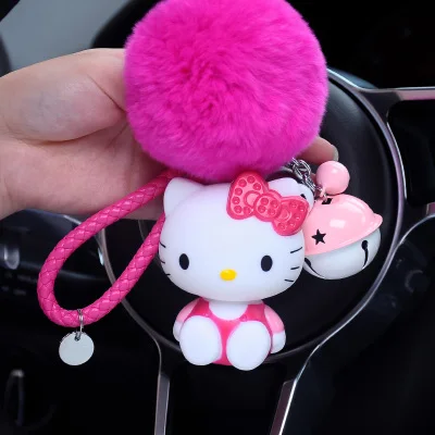 Cute Cartoon Hello Kitty Rabbit Fur Ball PomPom Pom Poms Keychain Women Leather Strap Metal Key Ring Chains Car Bag Charm D35B