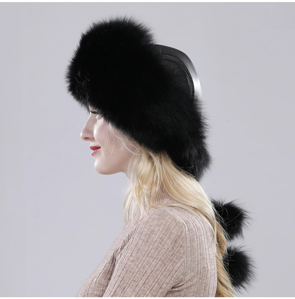 Russian Winter Natural Fox Fur Hat Warm Soft Fluffy Real Fox Fur Bomber Hats Luxurious Women Quality Handmade Real Fox Caps