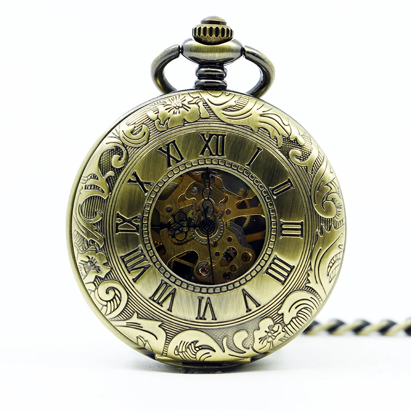 10pcs/lot Vintage Bronze Rome Style Automatic Skeleton Double Open Mechanical Pocket Watch Hand
