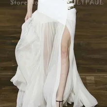 Для женщин Высокая Талия Белый Макси плиссированная юбка Дизайн Обёрточная бумага-эффект силуэт три яркие золотой металлик кожаный пряжки юбка