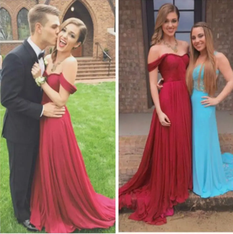 

Cheap Red A-Line Prom Dresses 2018 Off the Shoulder Chiffon Evening Dress Party Girl Gown robe de soiree Z475