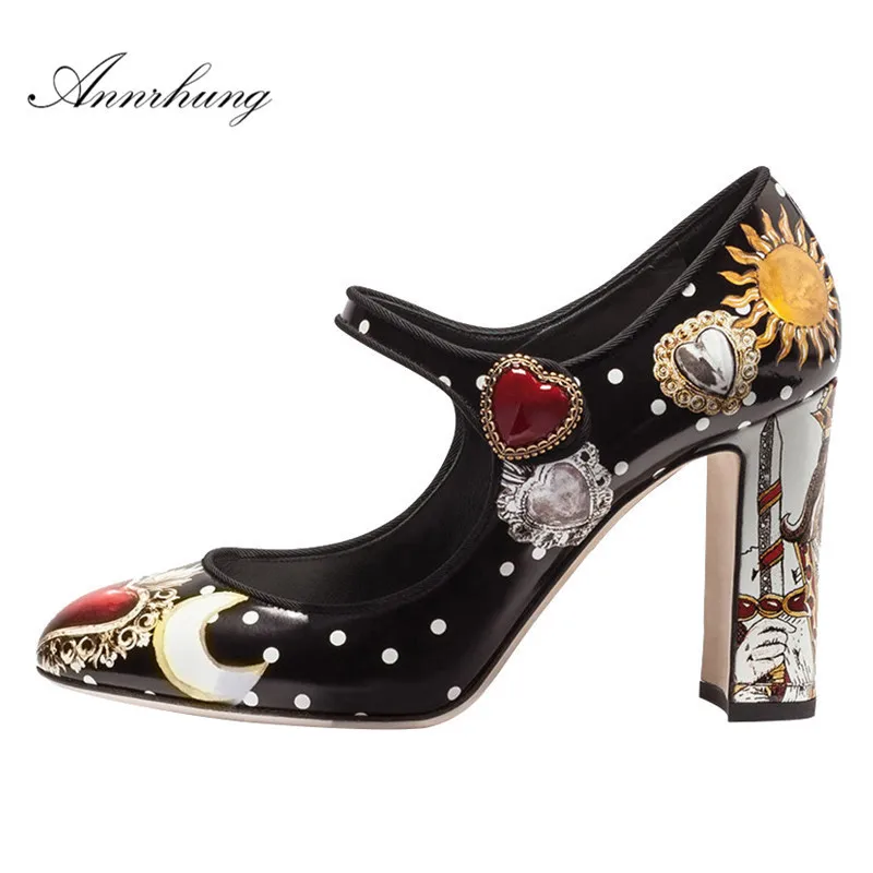 

Retro Printed Mixed Color High Heel Pumps Women Red Heart Buckle Round Toe Block Heel Shoes Princess Wedding Shoes Mujer