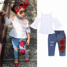 Melario/ комплект для девочек в европейском и американском стиле, розовая кружевная рубашка на бретельках, джинсы, Детский костюм, джинсы с принтом, милый костюм для девочек из 2 предметов