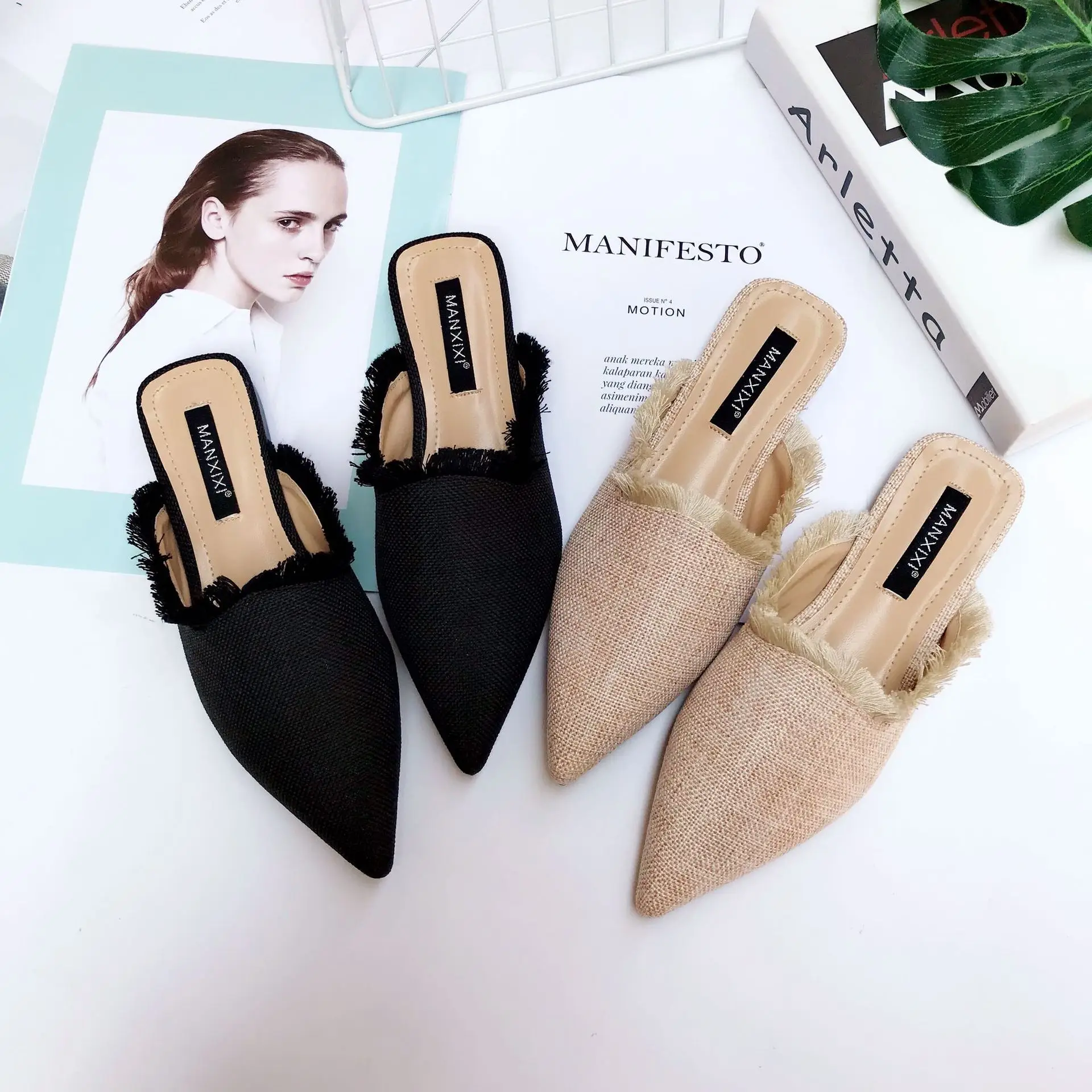 

XDA 2019 New Spring Summer Women Slippers Flip Flop Hemp Weave Pointed Toe Flat shoes Tassel Mules Shoes Summer slipper L333