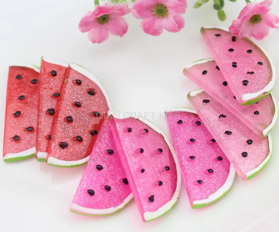 

mix order $10 set of 20pcs big watermelon slice Decoden Kawaii glitter Flatback Resin Cabochons 35mm free shipping