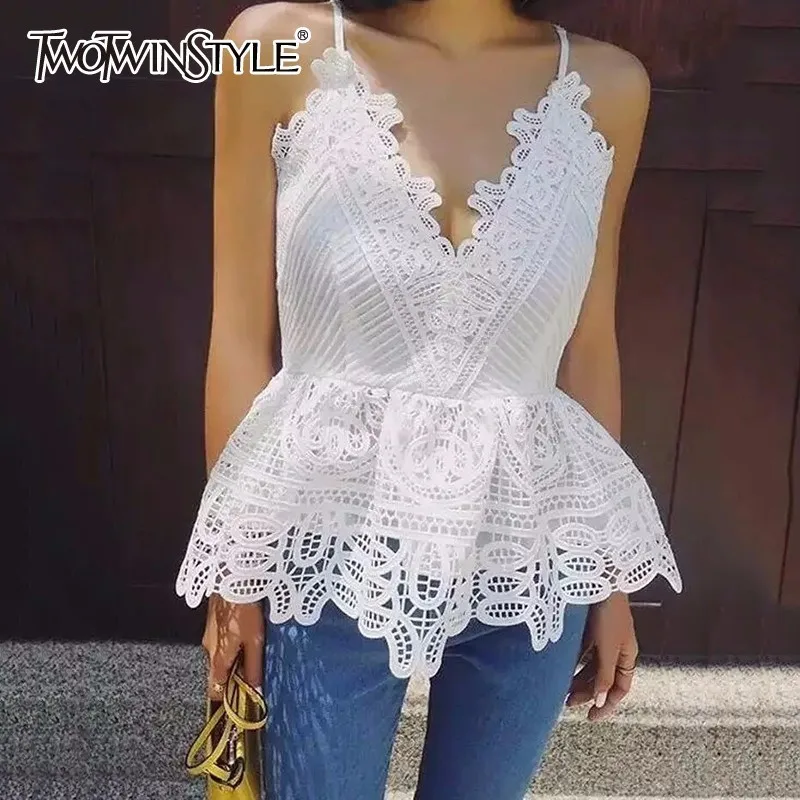 TWOTWINSTYLE сексуальный открытый жилет Топ Женская Футболка Цветочный v образный